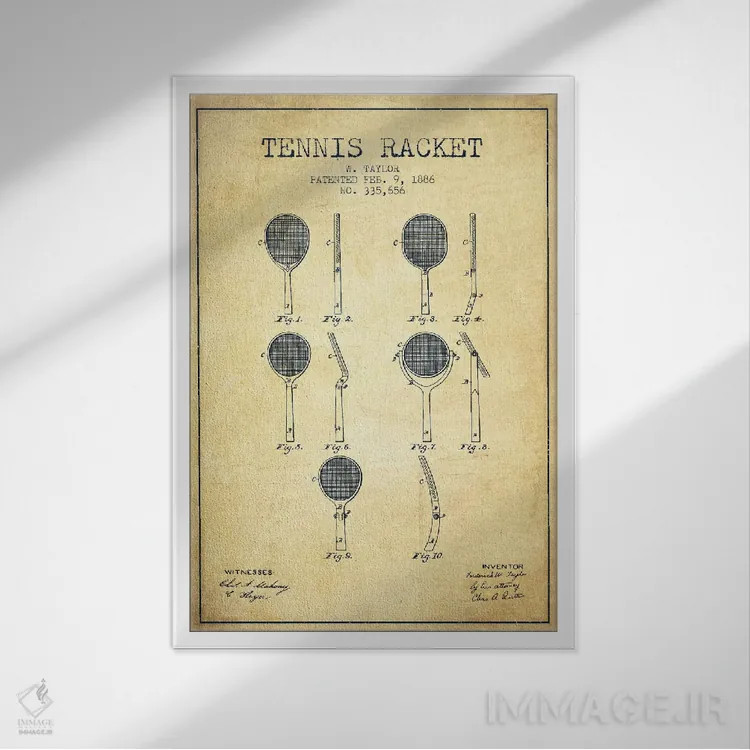 تابلو نقشهٔ ثبت اختراع قدیمی راکت تنیس اثر پیکسل کهنه (استودیو/نام هنری) - نمای قابدار سفید