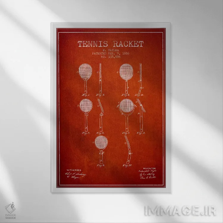 تابلو نقشهٔ ثبت اختراع راکت تنیس (قرمز) اثر پیکسل کهنه (استودیو/نام هنری) - نمای قابدار سفید