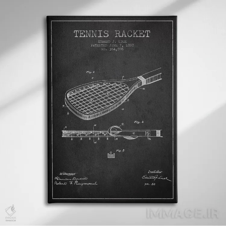 تابلو نقشهٔ ثبت اختراع راکت تنیس (زغالی) اثر پیکسل کهنه (استودیو/نام هنری) - نمای روبهرو روی دیوار