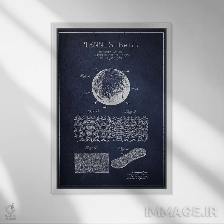 تابلو نقشهٔ ثبت اختراع توپ تنیس (آبی نفتی) اثر پیکسل کهنه (استودیو/نام هنری) - نمای قابدار سفید