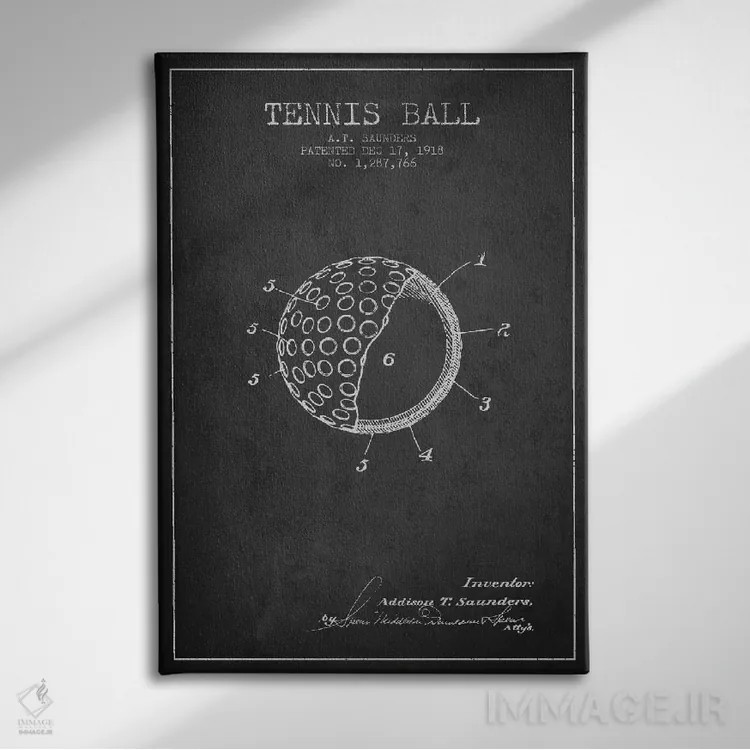 تابلو نقشهٔ ثبت اختراع توپ تنیس (زغالی) اثر پیکسل کهنه (استودیو/نام هنری) - نمای روبهرو روی دیوار