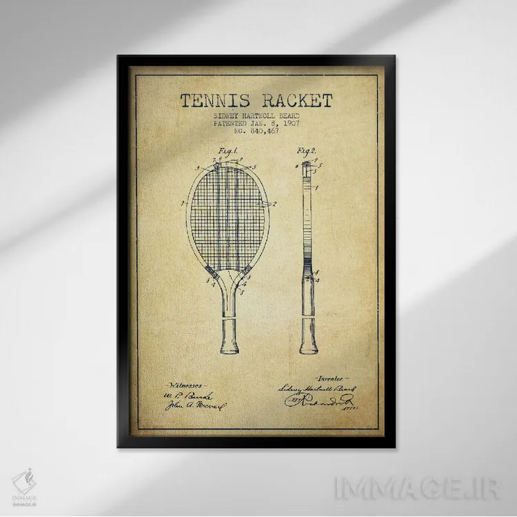 تابلو نقشهٔ ثبت اختراع قدیمی راکت تنیس اثر پیکسل کهنه (استودیو/نام هنری) - نمای قابدار مشکی