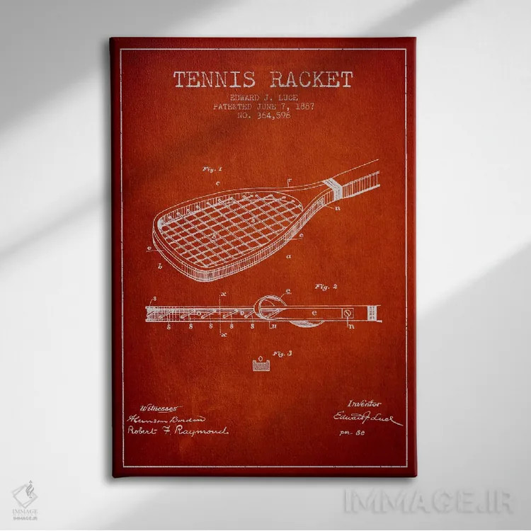 تابلو نقشهٔ ثبت اختراع راکت تنیس (قرمز) اثر پیکسل کهنه (استودیو/نام هنری) - نمای روبهرو روی دیوار