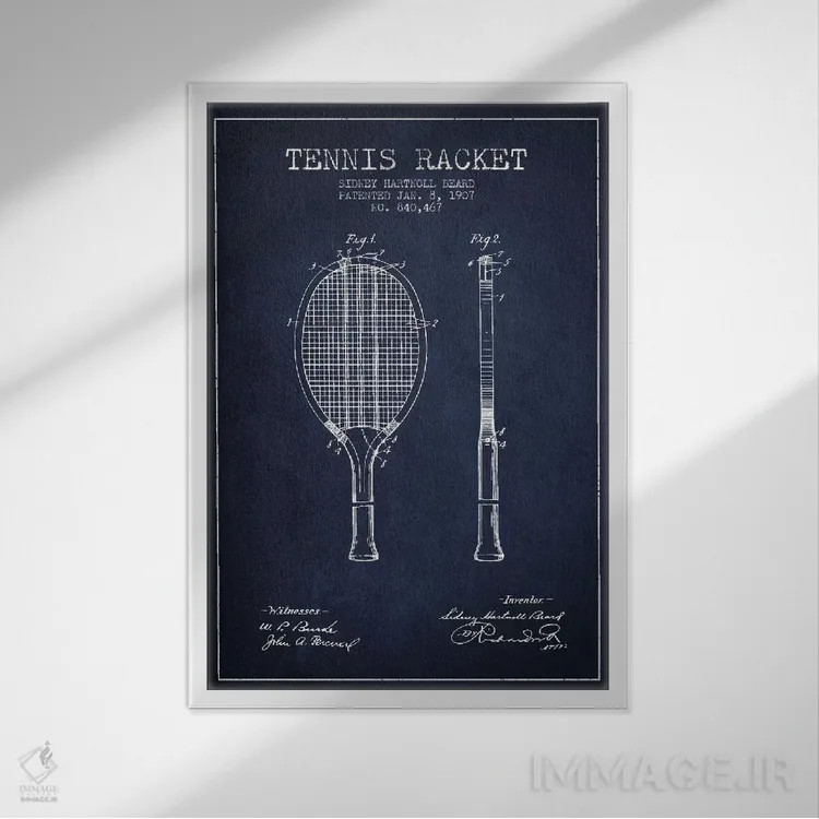 تابلو نقشهٔ ثبت اختراع راکت تنیس (آبی نفتی) اثر پیکسل کهنه (استودیو/نام هنری) - نمای قابدار سفید