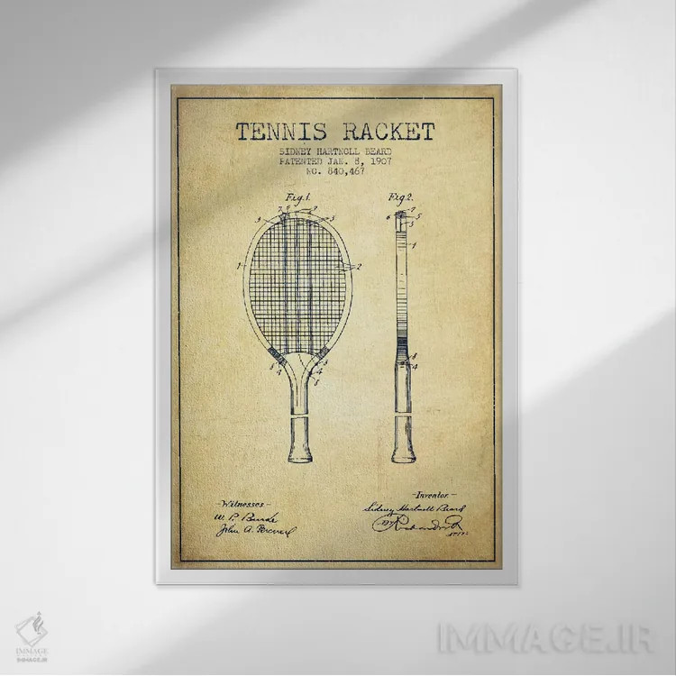 تابلو نقشهٔ ثبت اختراع قدیمی راکت تنیس اثر پیکسل کهنه (استودیو/نام هنری) - نمای قابدار سفید