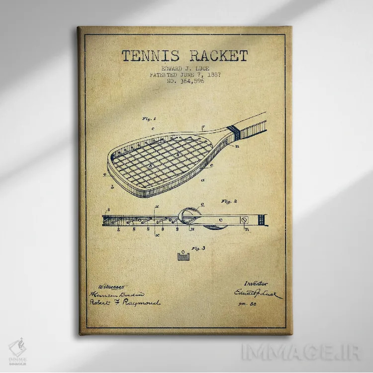 تابلو نقشهٔ ثبت اختراع قدیمی راکت تنیس اثر پیکسل کهنه (استودیو/نام هنری) - نمای روبهرو روی دیوار