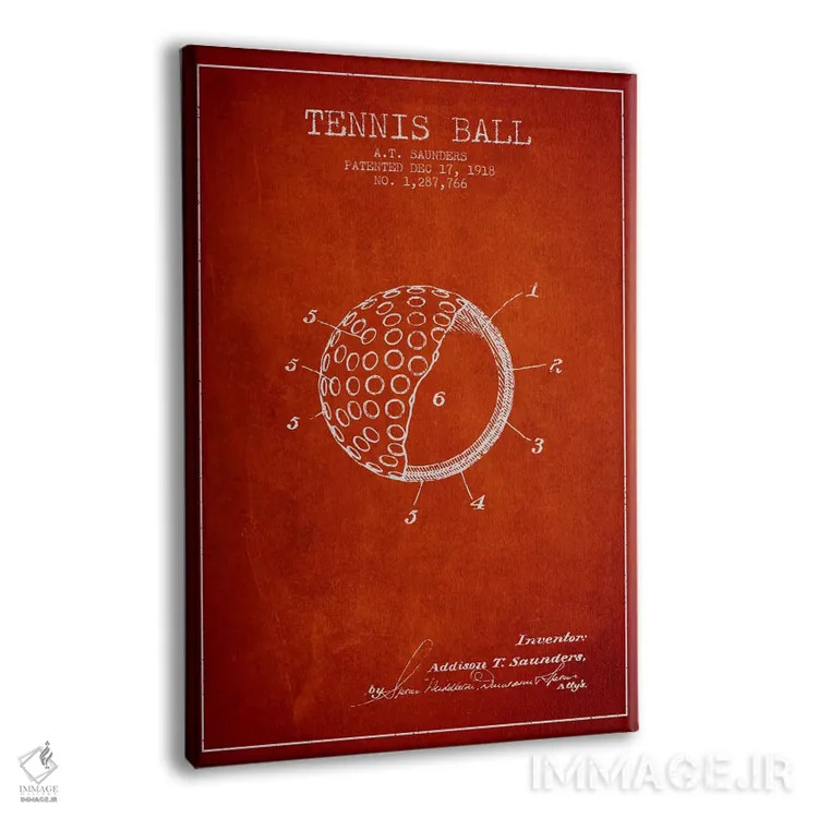 تابلو نقشهٔ ثبت اختراع توپ تنیس (قرمز) اثر پیکسل کهنه (استودیو/نام هنری) - نمای پرسپکتیو محصول