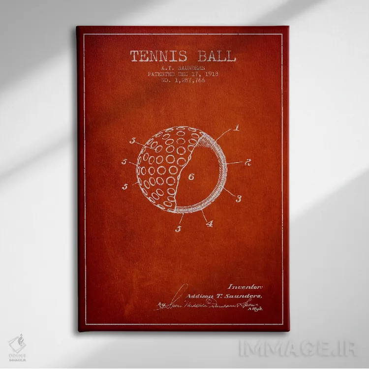 تابلو نقشهٔ ثبت اختراع توپ تنیس (قرمز) اثر پیکسل کهنه (استودیو/نام هنری) - نمای روبهرو روی دیوار