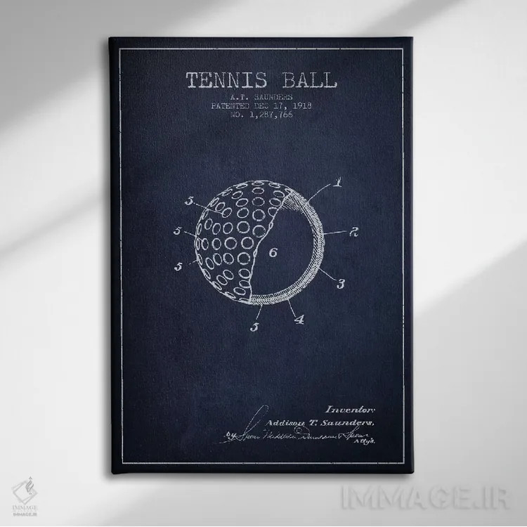 تابلو نقشهٔ ثبت اختراع توپ تنیس (آبی نفتی) اثر پیکسل کهنه (استودیو/نام هنری) - نمای روبهرو روی دیوار