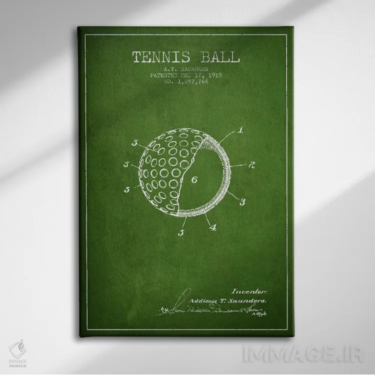 تابلو نقشهٔ ثبت اختراع توپ تنیس (سبز) اثر پیکسل کهنه (استودیو/نام هنری) - نمای روبهرو روی دیوار