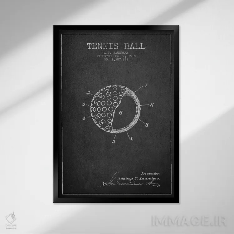 تابلو نقشهٔ ثبت اختراع توپ تنیس (زغالی) اثر پیکسل کهنه (استودیو/نام هنری) - نمای قابدار مشکی