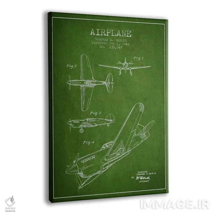 تابلو نقشهٔ ثبت اختراع هواپیما (سبز) اثر پیکسل کهنه (استودیو/نام هنری) - نمای پرسپکتیو محصول