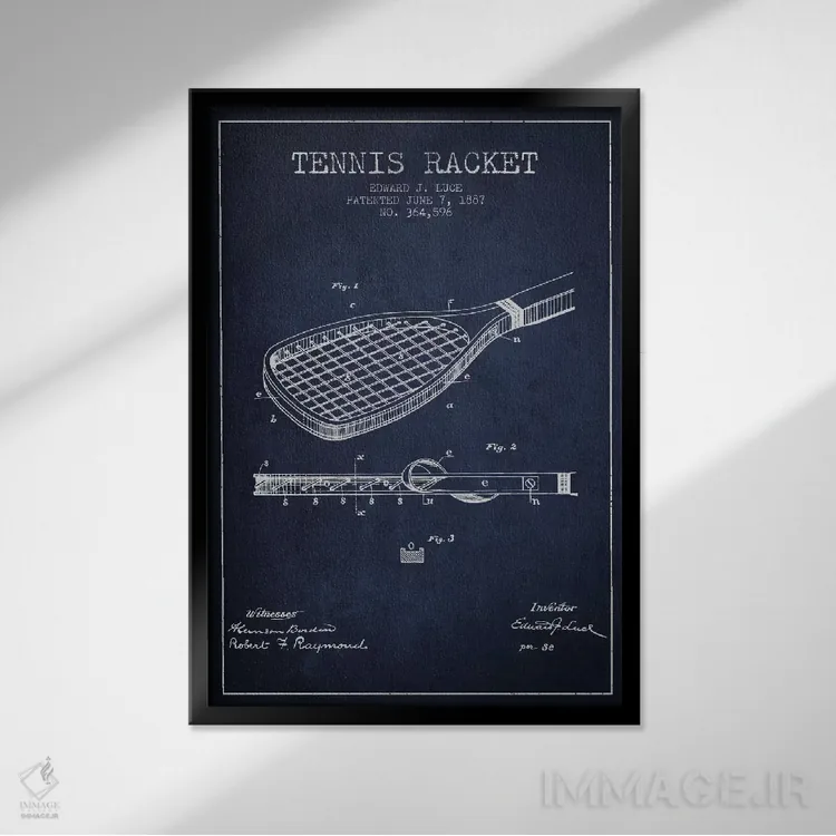 تابلو نقشهٔ ثبت اختراع راکت تنیس (آبی نفتی) اثر پیکسل کهنه (استودیو/نام هنری) - نمای قابدار مشکی