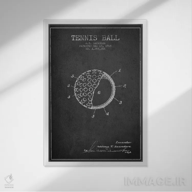 تابلو نقشهٔ ثبت اختراع توپ تنیس (زغالی) اثر پیکسل کهنه (استودیو/نام هنری) - نمای قابدار سفید