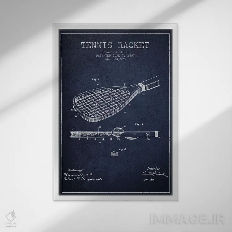 تابلو نقشهٔ ثبت اختراع راکت تنیس (آبی نفتی) اثر پیکسل کهنه (استودیو/نام هنری) - نمای قابدار سفید