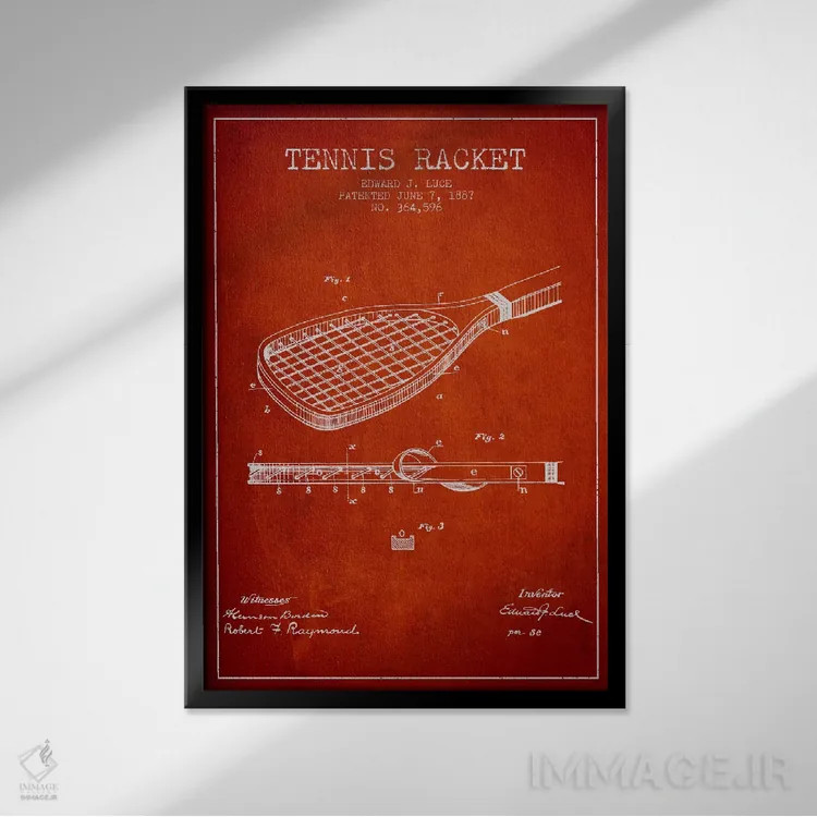 تابلو نقشهٔ ثبت اختراع راکت تنیس (قرمز) اثر پیکسل کهنه (استودیو/نام هنری) - نمای قابدار مشکی