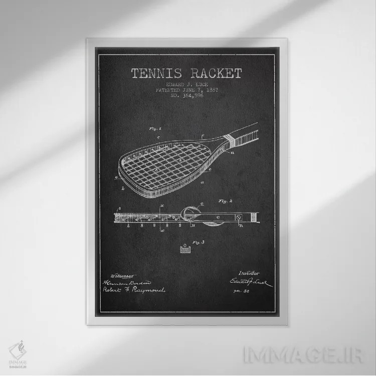 تابلو نقشهٔ ثبت اختراع راکت تنیس (زغالی) اثر پیکسل کهنه (استودیو/نام هنری) - نمای قابدار سفید