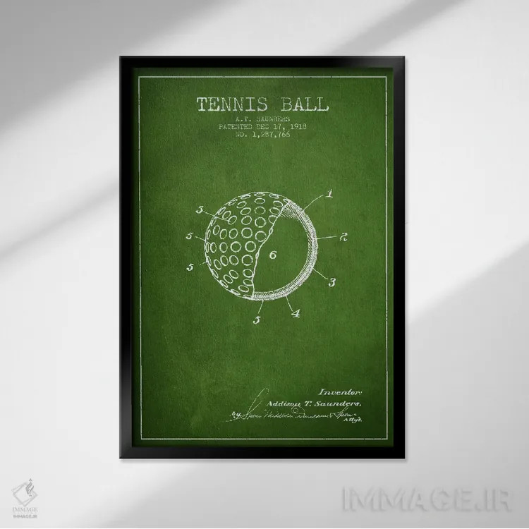 تابلو نقشهٔ ثبت اختراع توپ تنیس (سبز) اثر پیکسل کهنه (استودیو/نام هنری) - نمای قابدار مشکی