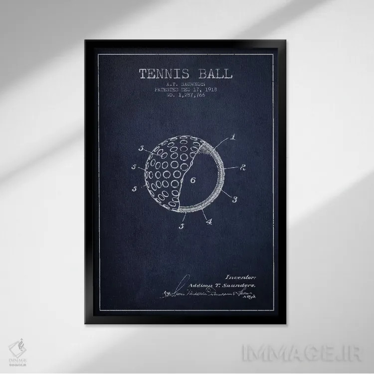 تابلو نقشهٔ ثبت اختراع توپ تنیس (آبی نفتی) اثر پیکسل کهنه (استودیو/نام هنری) - نمای قابدار مشکی