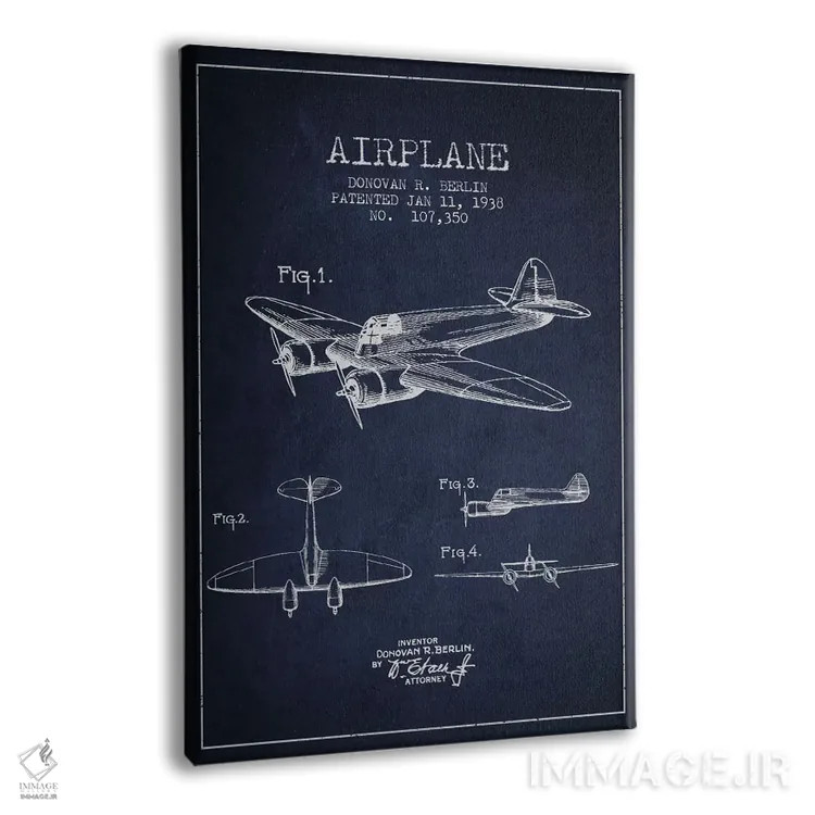 تابلو نقشه ثبت اختراع هواپیما (آبی نفتی) اثر پیکسل کهنه (استودیو/نام هنری) - نمای پرسپکتیو محصول