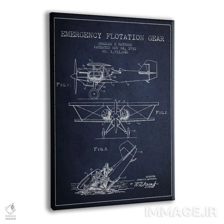 تابلو نقشهٔ ثبت اختراع هواپیمای آبنشین (آبی نفتی) اثر پیکسل کهنه (استودیو/نام هنری) - نمای پرسپکتیو محصول