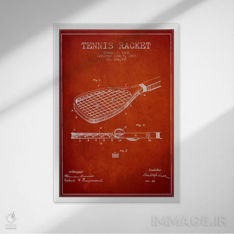 تابلو نقشهٔ ثبت اختراع راکت تنیس (قرمز) اثر پیکسل کهنه (استودیو/نام هنری) - نمای قابدار سفید