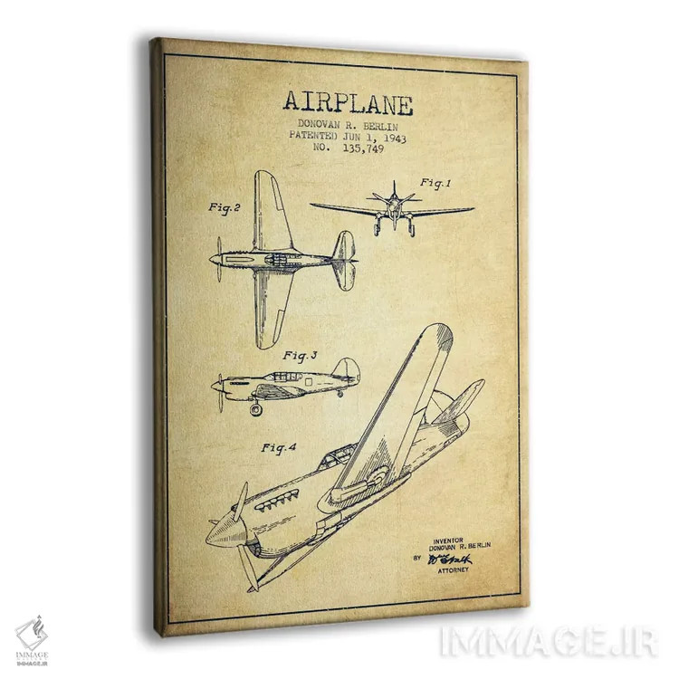 تابلو نقشهٔ ثبت اختراع قدیمی هواپیما اثر پیکسل کهنه (استودیو/نام هنری) - نمای پرسپکتیو محصول