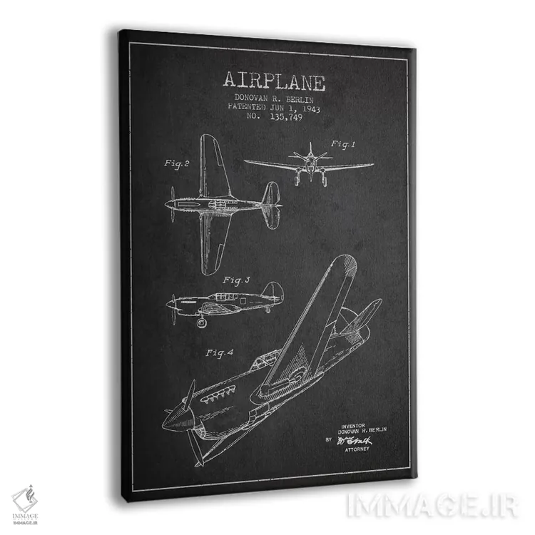تابلو نقشهٔ ثبت اختراع هواپیما (خاکستری) اثر پیکسل کهنه (استودیو/نام هنری) - نمای پرسپکتیو محصول