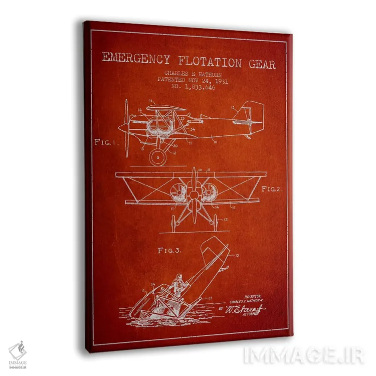 تابلو نقشهٔ ثبت اختراع هواپیمای آبنشین (قرمز) اثر پیکسل کهنه (استودیو/نام هنری) - نمای پرسپکتیو محصول