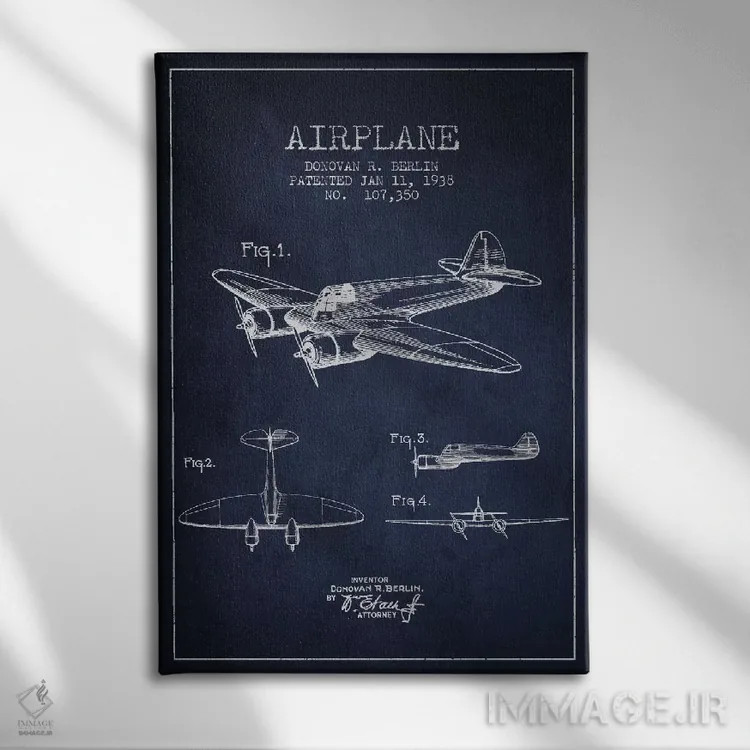 تابلو نقشه ثبت اختراع هواپیما (آبی نفتی) اثر پیکسل کهنه (استودیو/نام هنری) - نمای روبهرو روی دیوار
