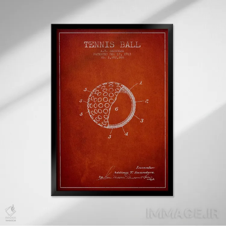 تابلو نقشهٔ ثبت اختراع توپ تنیس (قرمز) اثر پیکسل کهنه (استودیو/نام هنری) - نمای قابدار مشکی