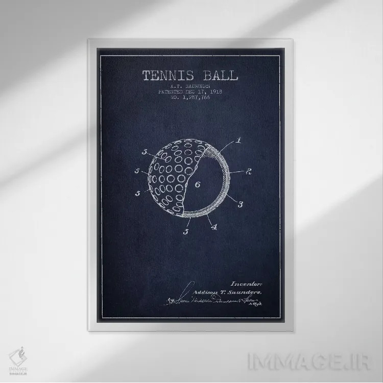 تابلو نقشهٔ ثبت اختراع توپ تنیس (آبی نفتی) اثر پیکسل کهنه (استودیو/نام هنری) - نمای قابدار سفید