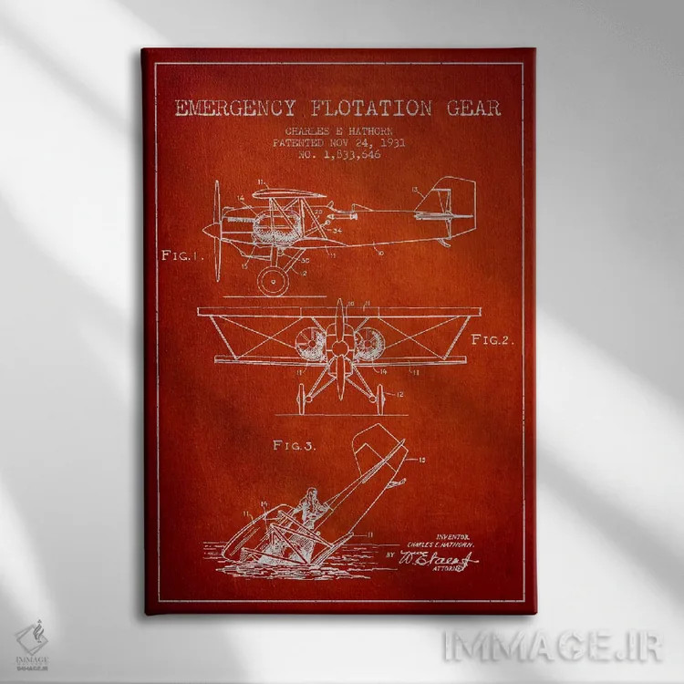 تابلو نقشهٔ ثبت اختراع هواپیمای آبنشین (قرمز) اثر پیکسل کهنه (استودیو/نام هنری) - نمای روبهرو روی دیوار