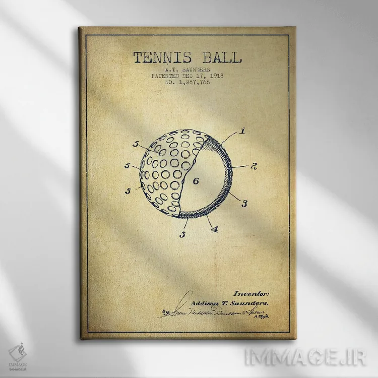 تابلو نقشهٔ ثبت اختراع قدیمی توپ تنیس اثر پیکسل کهنه (استودیو/نام هنری) - نمای روبهرو روی دیوار