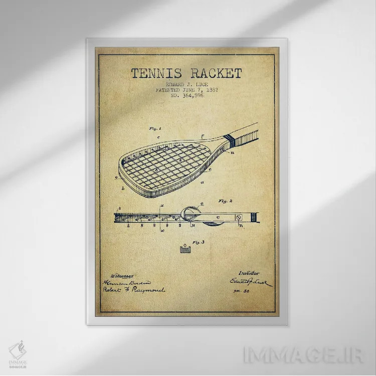 تابلو نقشهٔ ثبت اختراع قدیمی راکت تنیس اثر پیکسل کهنه (استودیو/نام هنری) - نمای قابدار سفید