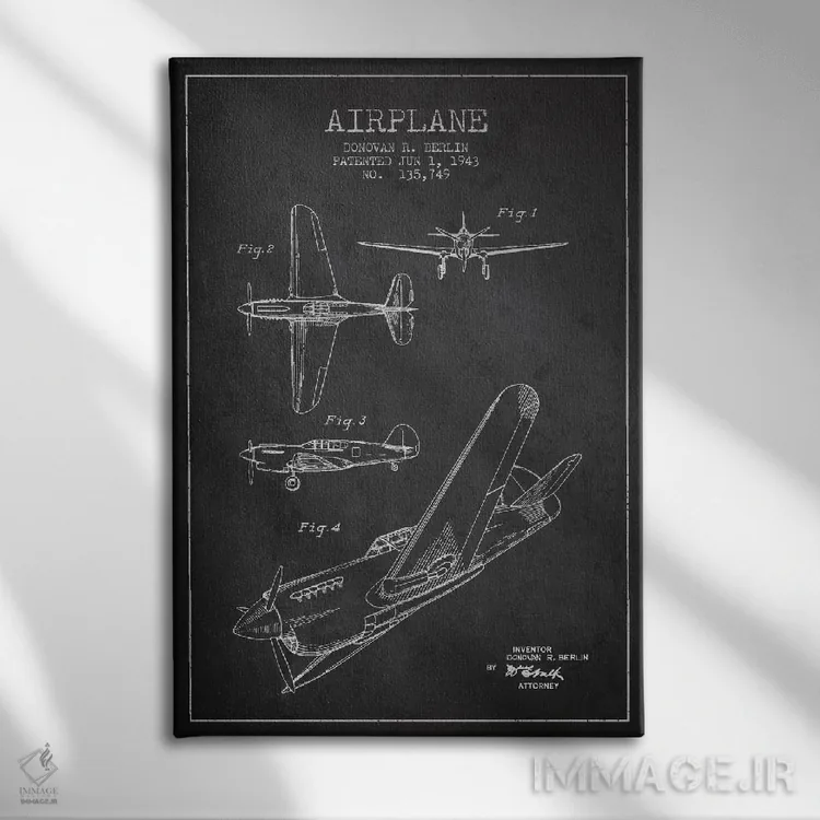 تابلو نقشهٔ ثبت اختراع هواپیما (خاکستری) اثر پیکسل کهنه (استودیو/نام هنری) - نمای روبهرو روی دیوار