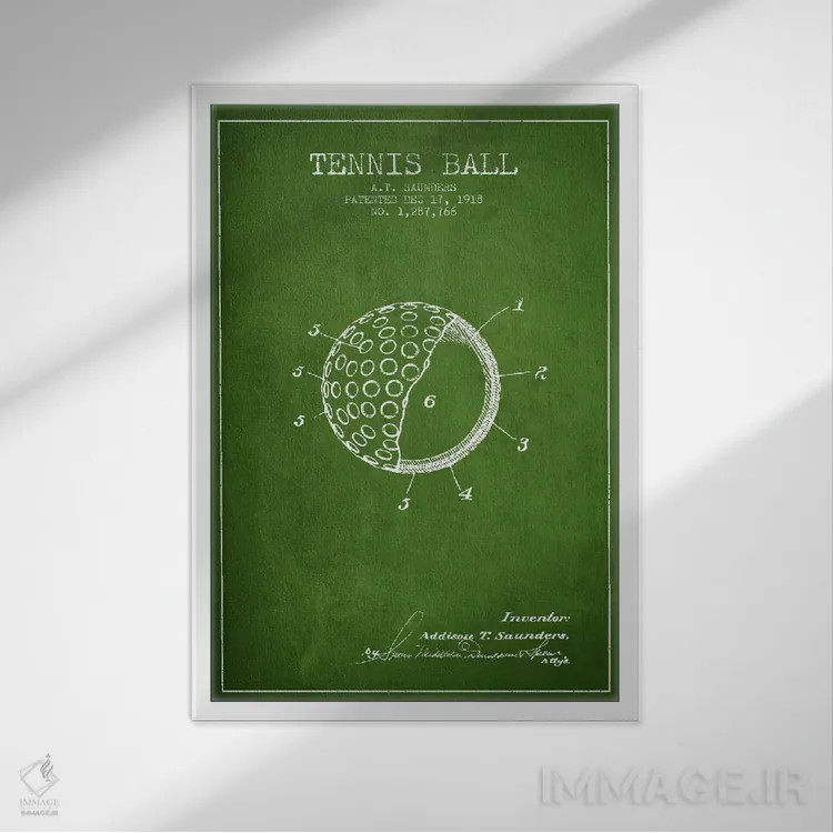 تابلو نقشهٔ ثبت اختراع توپ تنیس (سبز) اثر پیکسل کهنه (استودیو/نام هنری) - نمای قابدار سفید