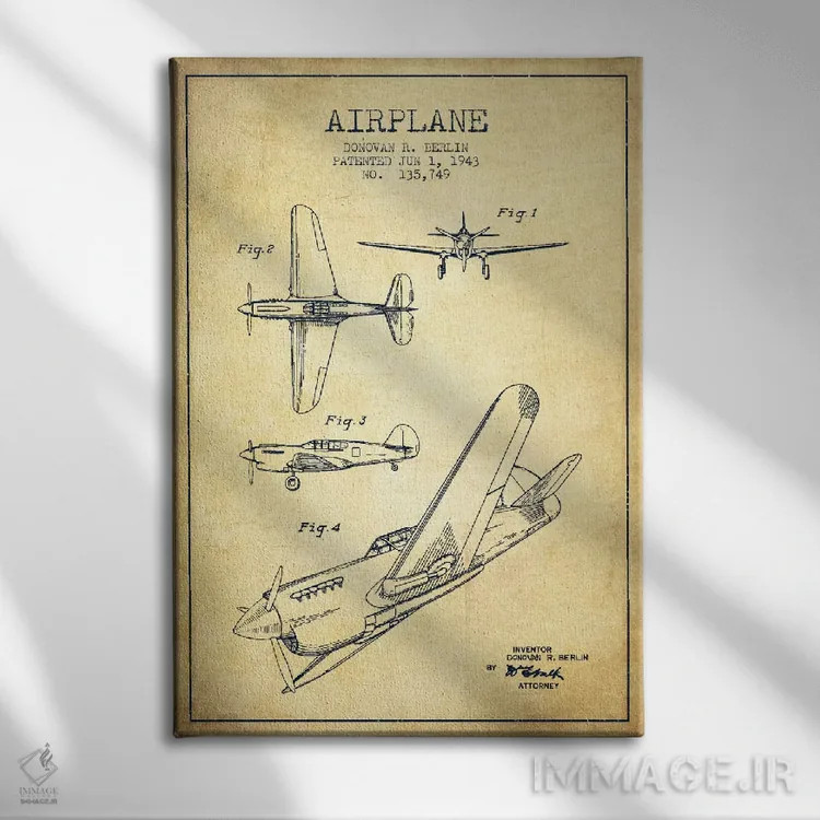 تابلو نقشهٔ ثبت اختراع قدیمی هواپیما اثر پیکسل کهنه (استودیو/نام هنری) - نمای روبهرو روی دیوار