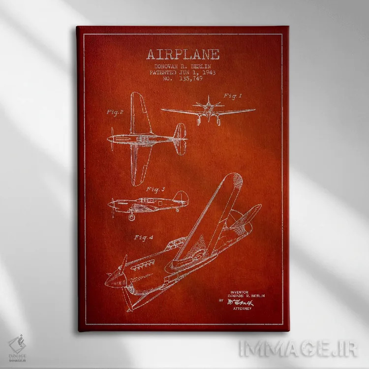 تابلو نقشهٔ ثبت اختراع هواپیما (قرمز) اثر پیکسل کهنه (استودیو/نام هنری) - نمای روبهرو روی دیوار