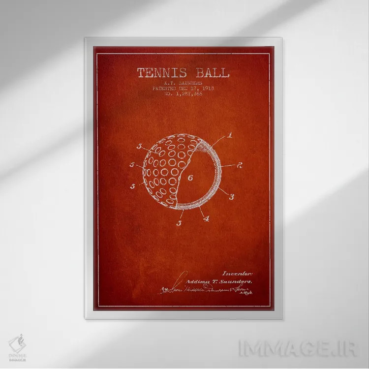 تابلو نقشهٔ ثبت اختراع توپ تنیس (قرمز) اثر پیکسل کهنه (استودیو/نام هنری) - نمای قابدار سفید
