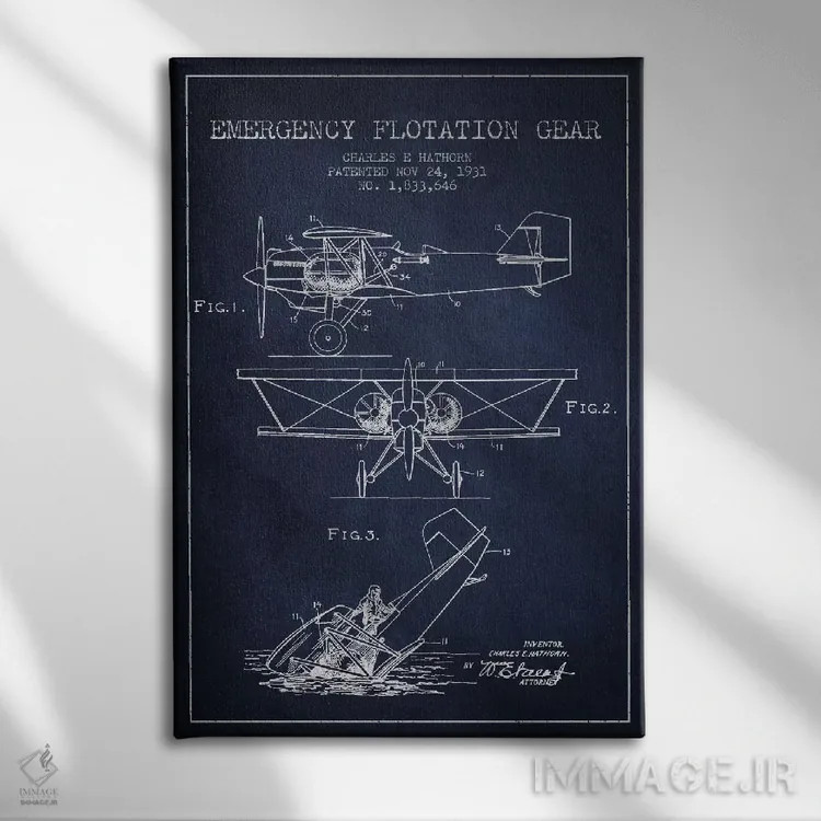 تابلو نقشهٔ ثبت اختراع هواپیمای آبنشین (آبی نفتی) اثر پیکسل کهنه (استودیو/نام هنری) - نمای روبهرو روی دیوار