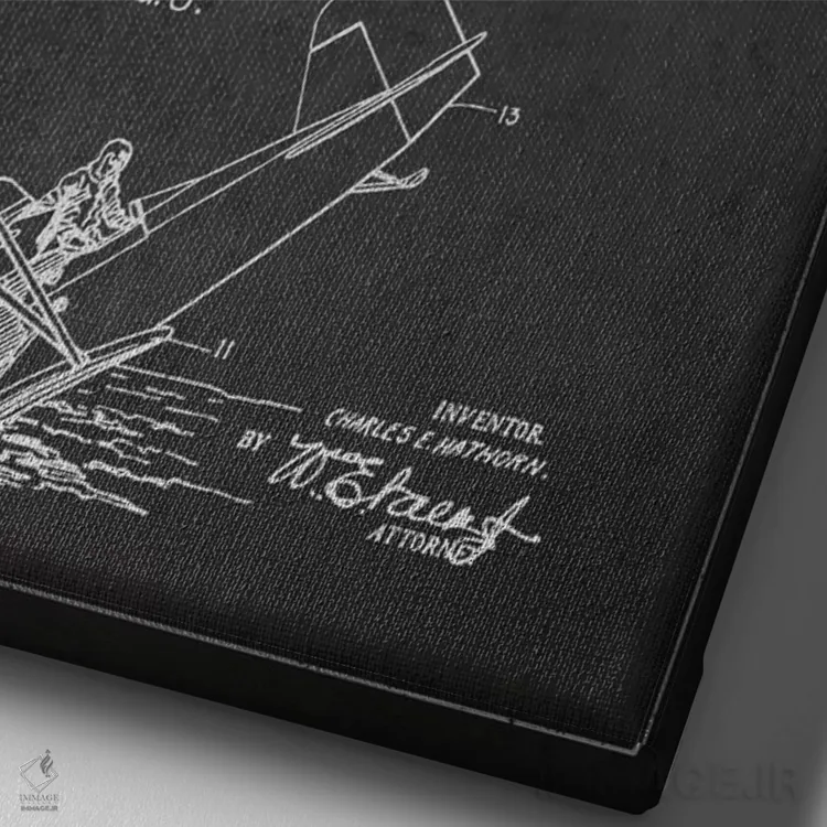تابلو نقشهٔ ثبت اختراع هواپیمای آبنشین (زغالی) اثر پیکسل کهنه (استودیو/نام هنری) - نمای نزدیک بافت بوم