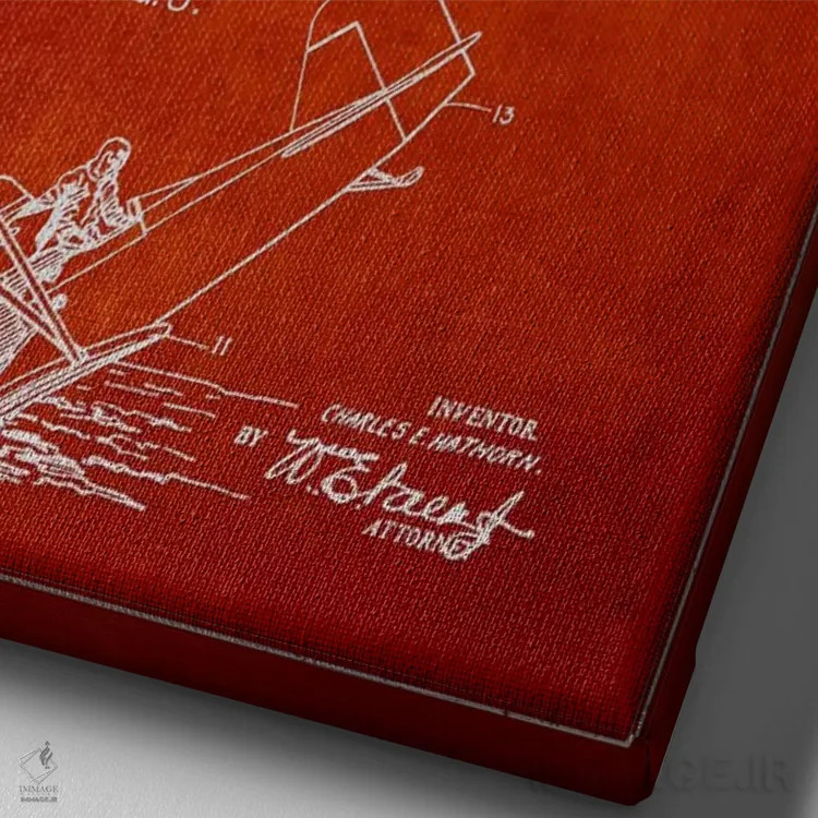تابلو نقشهٔ ثبت اختراع هواپیمای آبنشین (قرمز) اثر پیکسل کهنه (استودیو/نام هنری) - نمای نزدیک بافت بوم