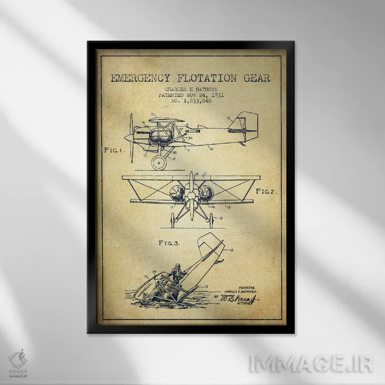 تابلو نقشهٔ ثبت اختراع قدیمی هواپیمای آبنشین اثر پیکسل کهنه (استودیو/نام هنری) - نمای قابدار مشکی