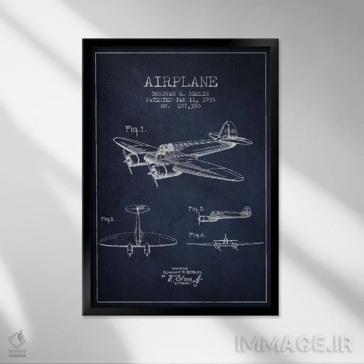 تابلو نقشه ثبت اختراع هواپیما (آبی نفتی) اثر پیکسل کهنه (استودیو/نام هنری) - نمای قابدار مشکی