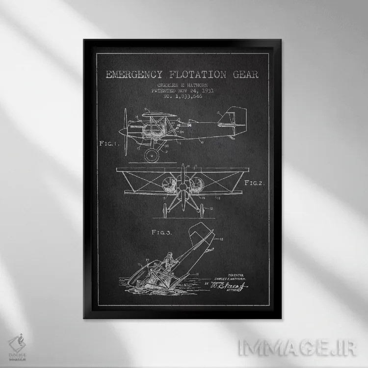 تابلو نقشهٔ ثبت اختراع هواپیمای آبنشین (زغالی) اثر پیکسل کهنه (استودیو/نام هنری) - نمای قابدار مشکی