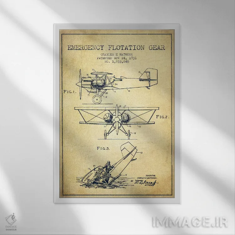 تابلو نقشهٔ ثبت اختراع قدیمی هواپیمای آبنشین اثر پیکسل کهنه (استودیو/نام هنری) - نمای قابدار سفید