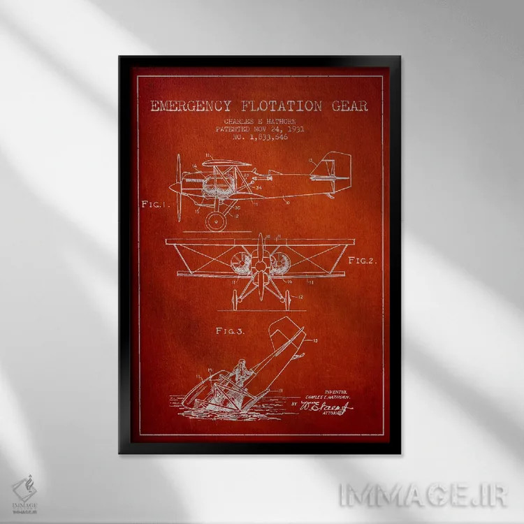 تابلو نقشهٔ ثبت اختراع هواپیمای آبنشین (قرمز) اثر پیکسل کهنه (استودیو/نام هنری) - نمای قابدار مشکی