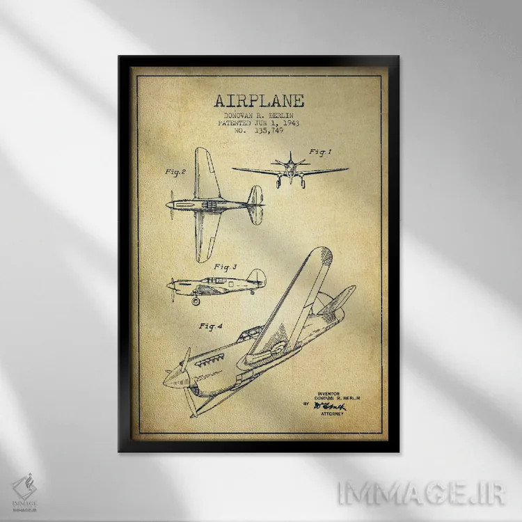 تابلو نقشهٔ ثبت اختراع قدیمی هواپیما اثر پیکسل کهنه (استودیو/نام هنری) - نمای قابدار مشکی
