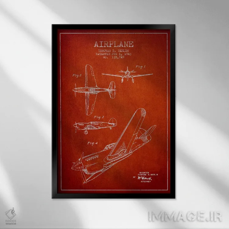 تابلو نقشهٔ ثبت اختراع هواپیما (قرمز) اثر پیکسل کهنه (استودیو/نام هنری) - نمای قابدار مشکی